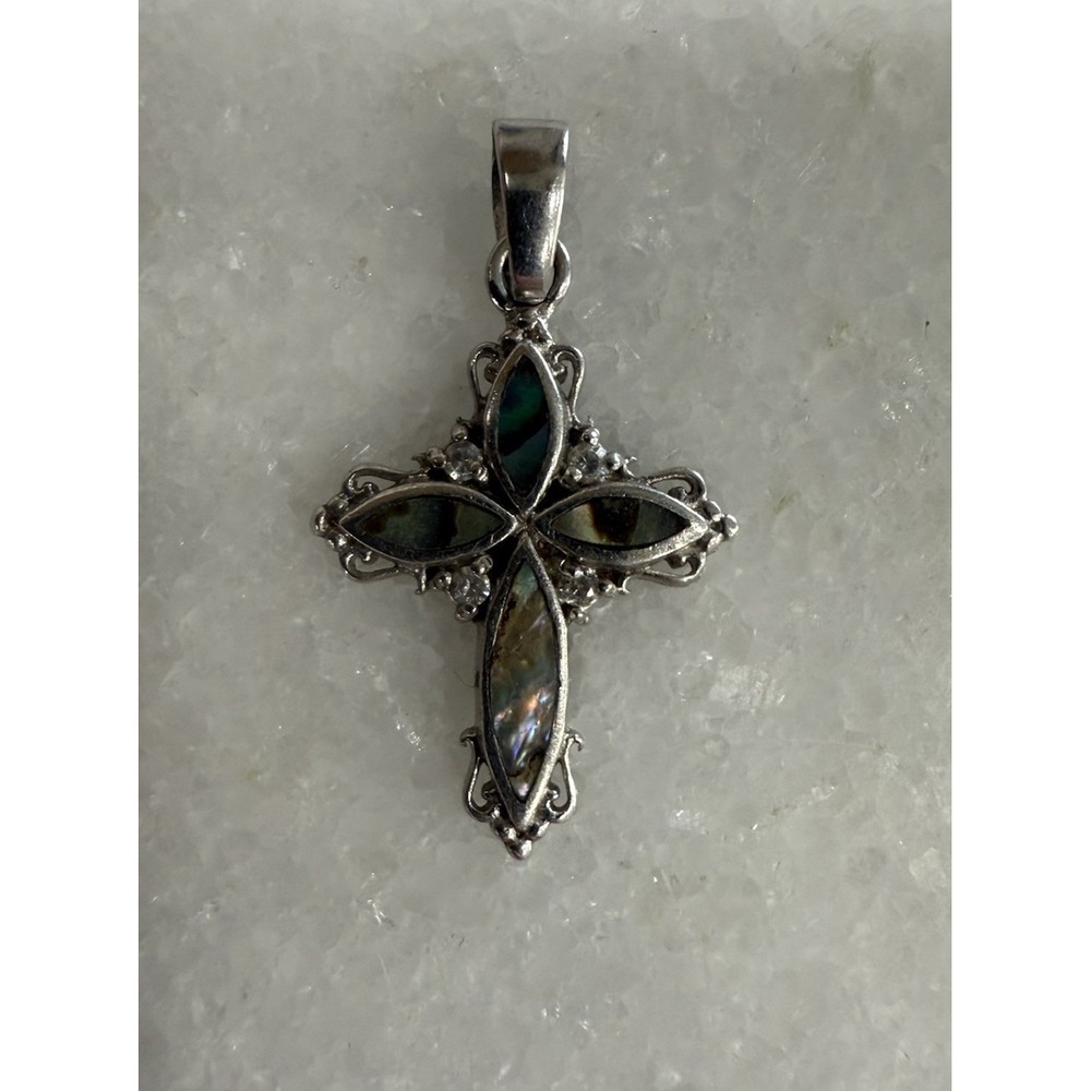 Vintage Sterling Silver 925 Cross Pendant Abalone MOP Shell Inlay Thai
